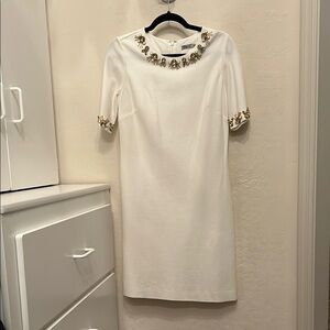 Eliza J Cream Sheath Dress with Short Sleeves and Embellished Crew Neck